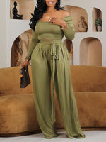 Solid Boat-Neck Top & Tied Pants Set
